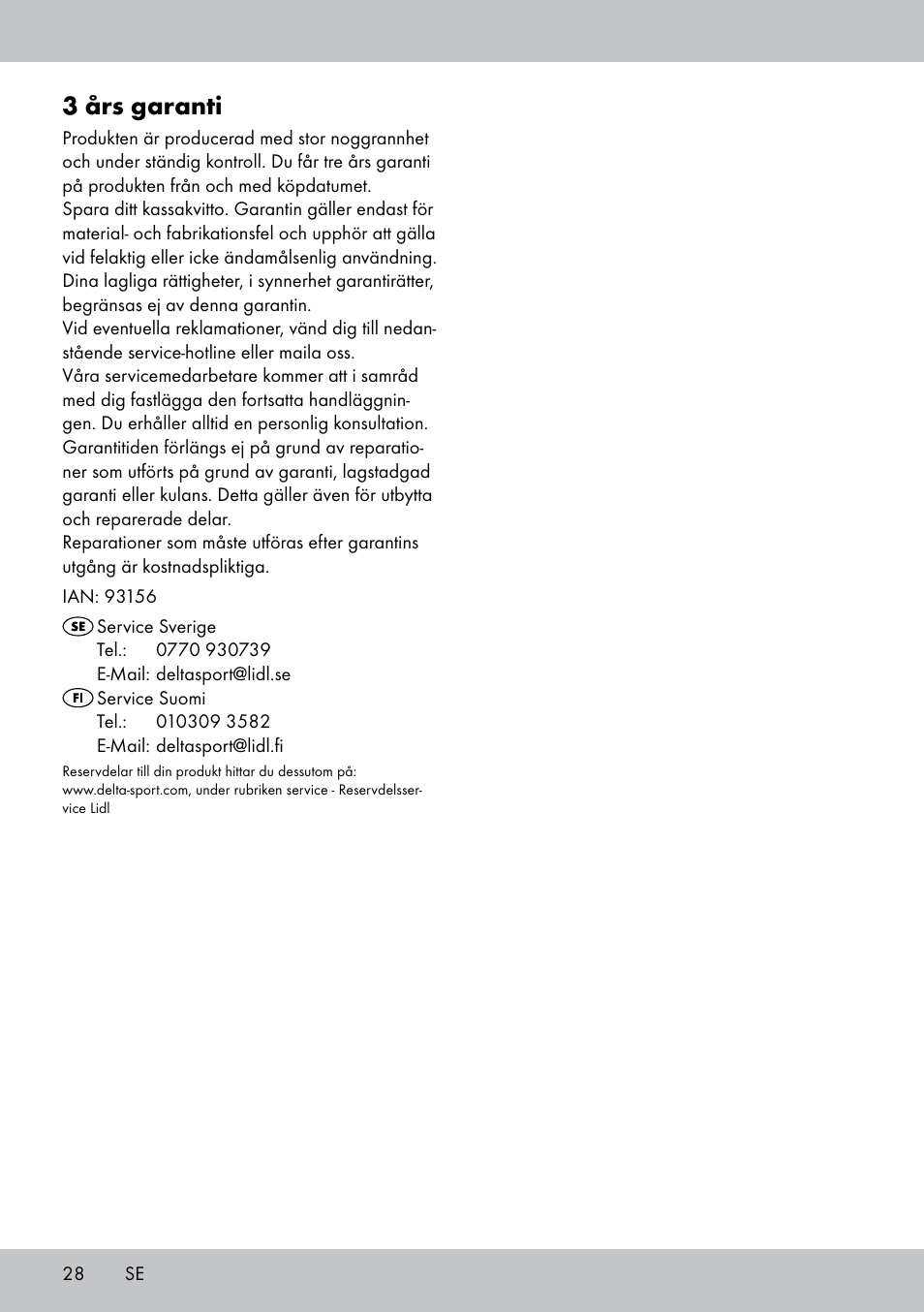 3 års garanti | Crivit FB-1539 User Manual | Page 28 / 64