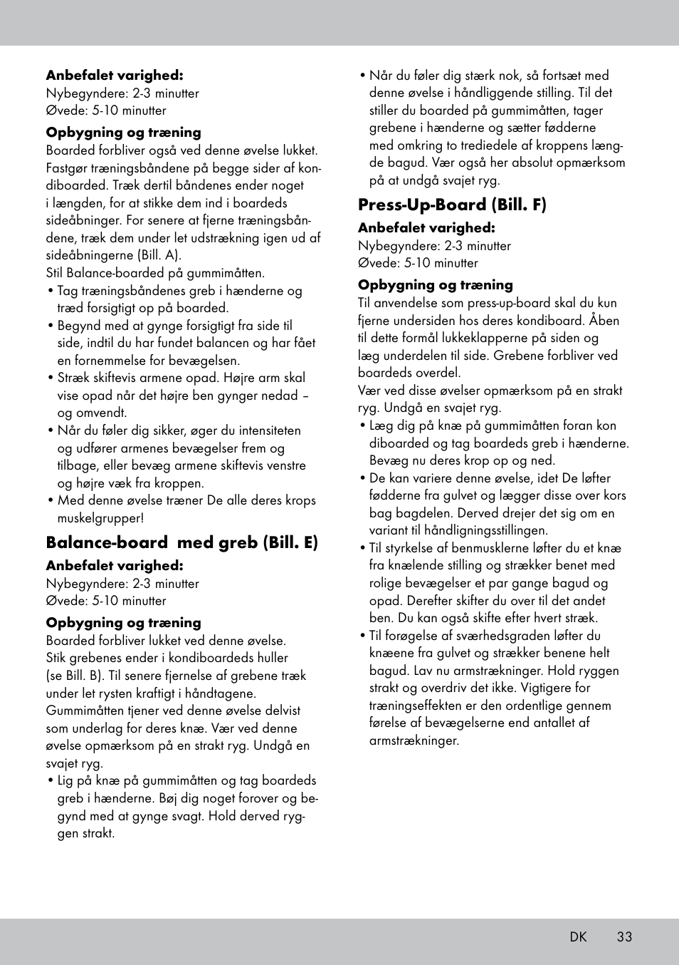 Balance-board med greb (bill. e), Press-up-board (bill. f) | Crivit FB-1539 User Manual | Page 33 / 64