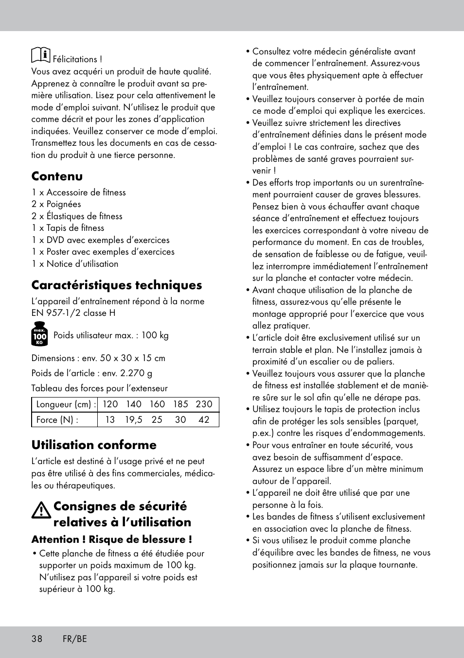 Contenu, Caractéristiques techniques, Utilisation conforme | Consignes de sécurité relatives à l’utilisation | Crivit FB-1539 User Manual | Page 38 / 64