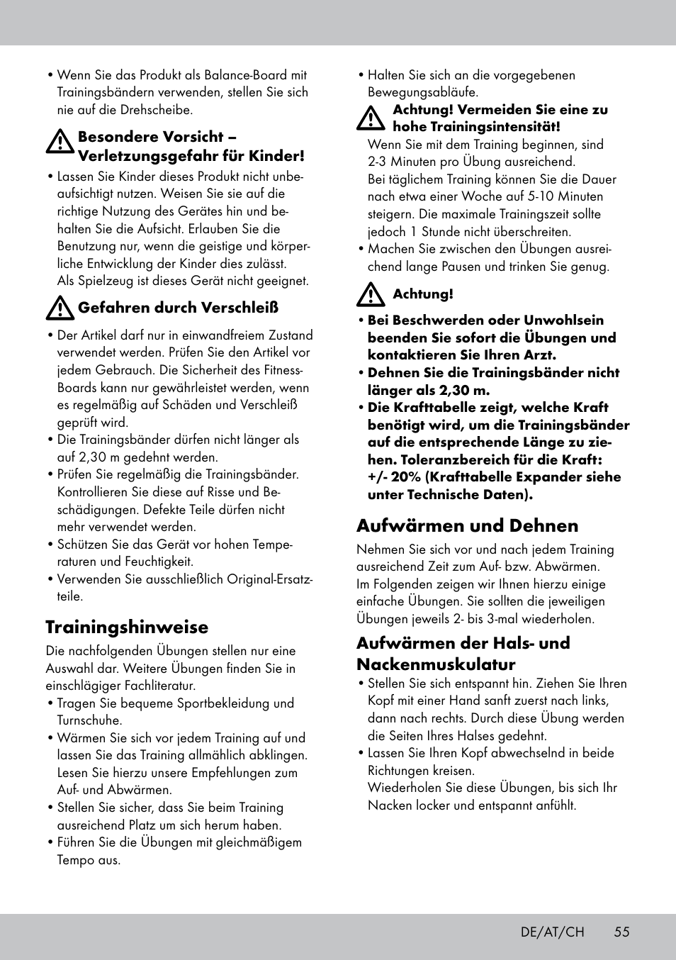 Aufwärmen und dehnen, Trainingshinweise, Aufwärmen der hals- und nackenmuskulatur | Crivit FB-1539 User Manual | Page 55 / 64