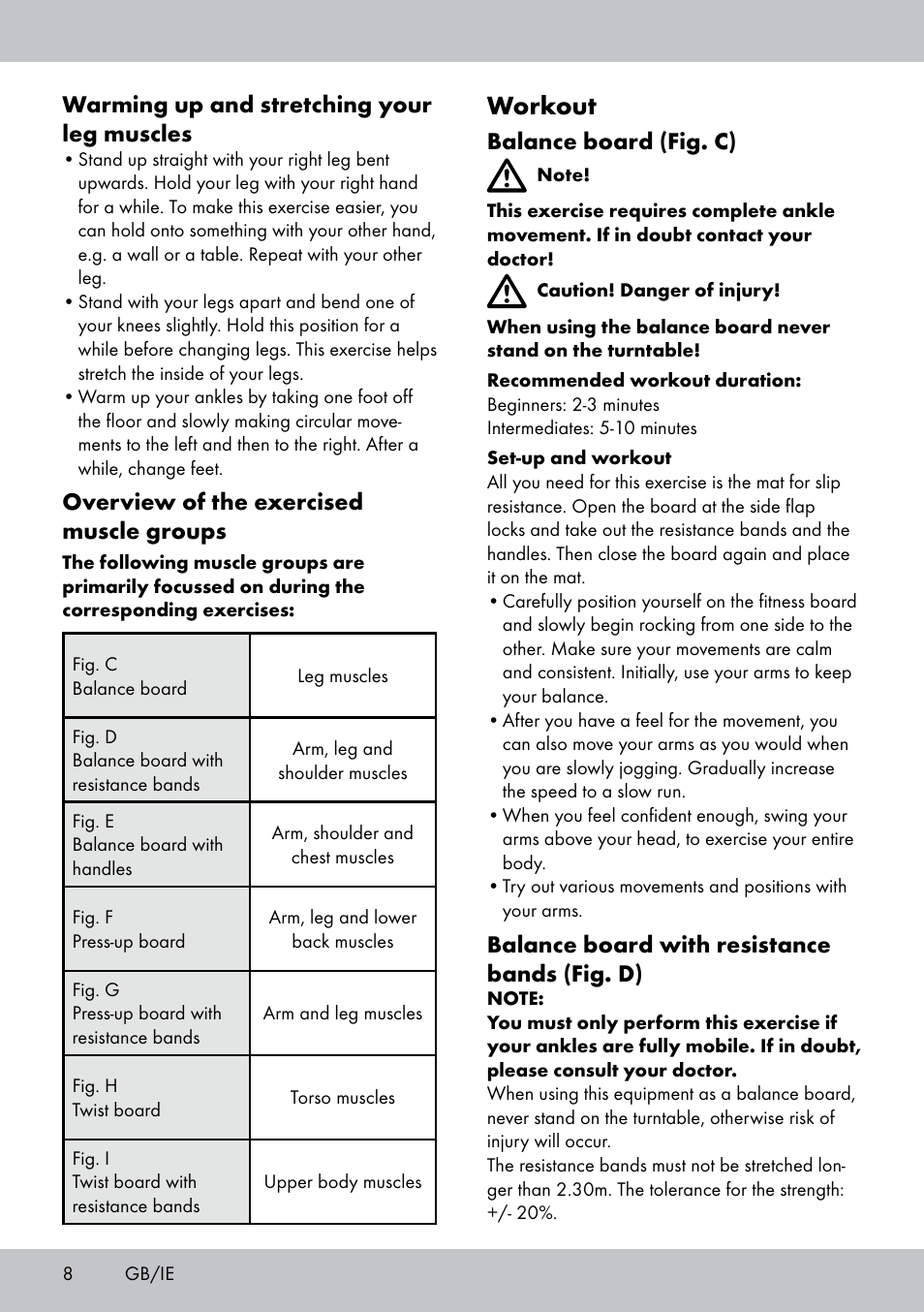 Workout, Warming up and stretching your leg muscles, Overview of the exercised muscle groups | Balance board (fig. c), Balance board with resistance bands (fig. d) | Crivit FB-1539 User Manual | Page 8 / 64