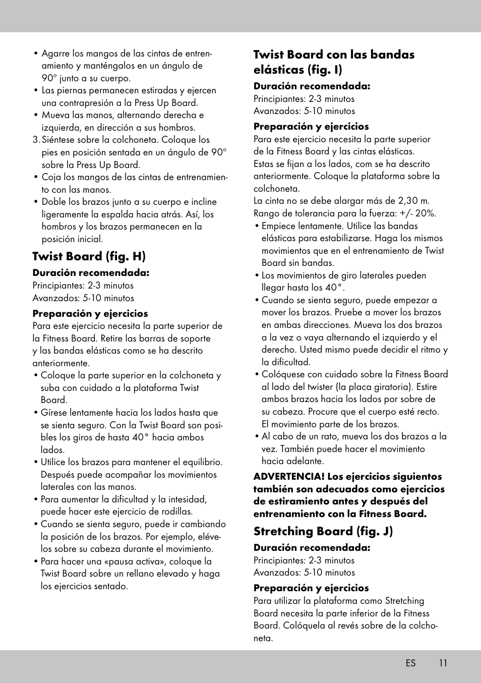 Twist board (fig. h), Twist board con las bandas elásticas (fig. i), Stretching board (fig. j) | Crivit FB-1539 User Manual | Page 11 / 48
