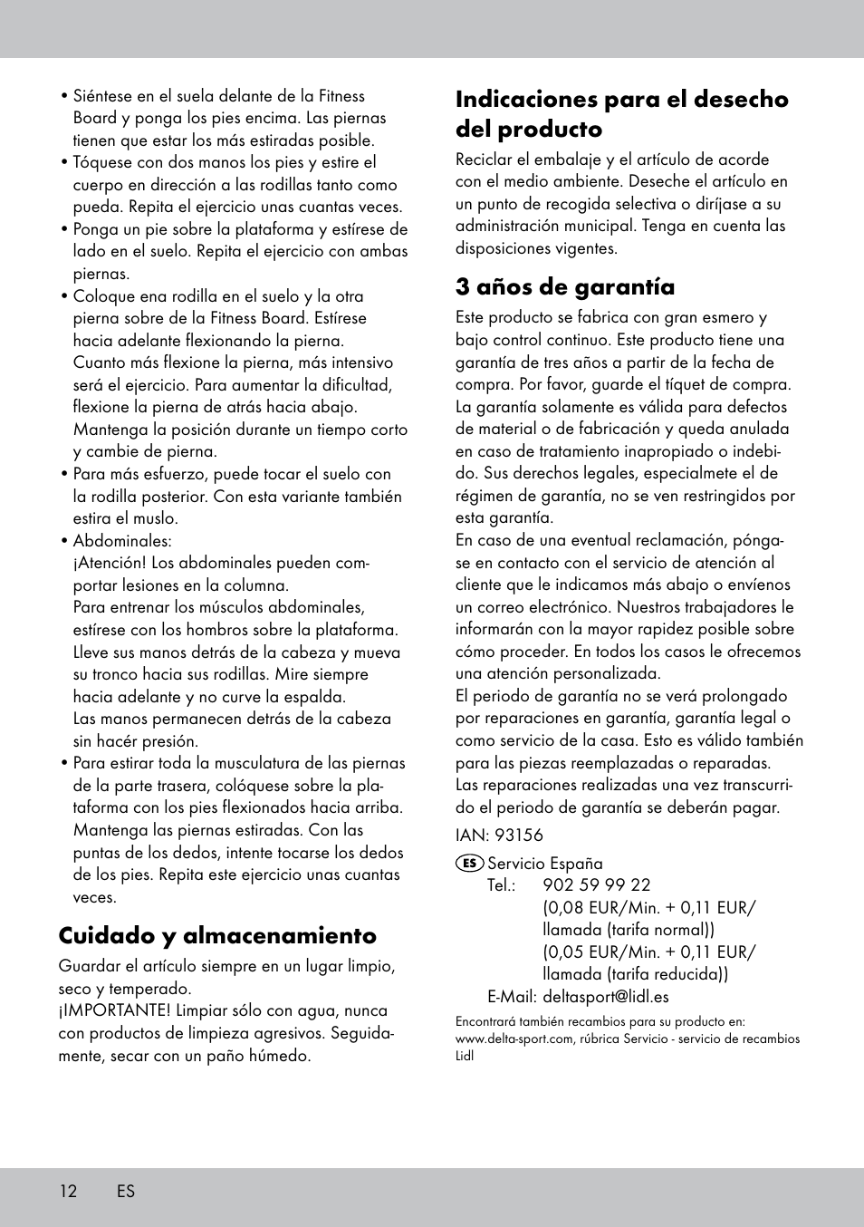 Indicaciones para el desecho del producto, 3 años de garantía, Cuidado y almacenamiento | Crivit FB-1539 User Manual | Page 12 / 48