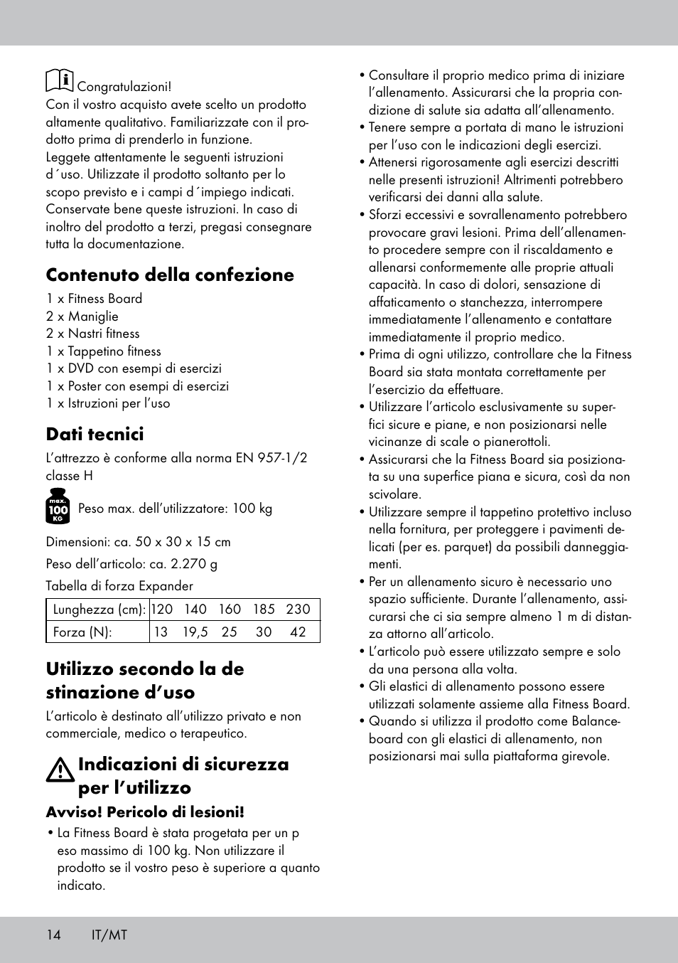 Contenuto della confezione, Dati tecnici, Utilizzo secondo la de stinazione d’uso | Indicazioni di sicurezza per l’utilizzo | Crivit FB-1539 User Manual | Page 14 / 48