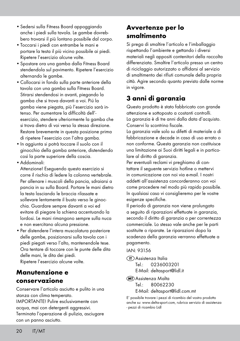Avvertenze per lo smaltimento, 3 anni di garanzia, Manutenzione e conservazione | Crivit FB-1539 User Manual | Page 20 / 48