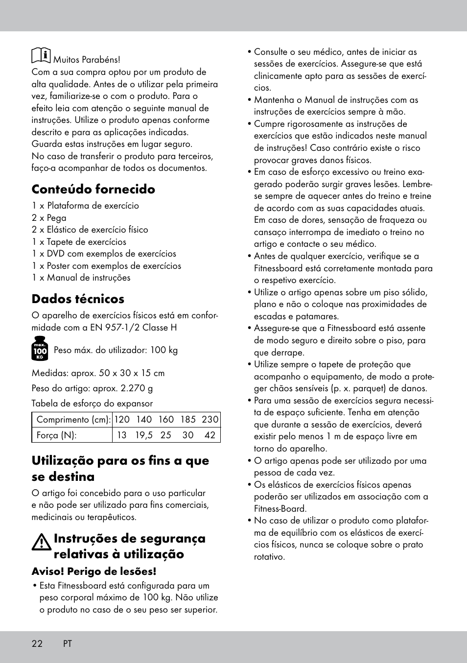 Conteúdo fornecido, Dados técnicos, Utilização para os fins a que se destina | Instruções de segurança relativas à utilização | Crivit FB-1539 User Manual | Page 22 / 48