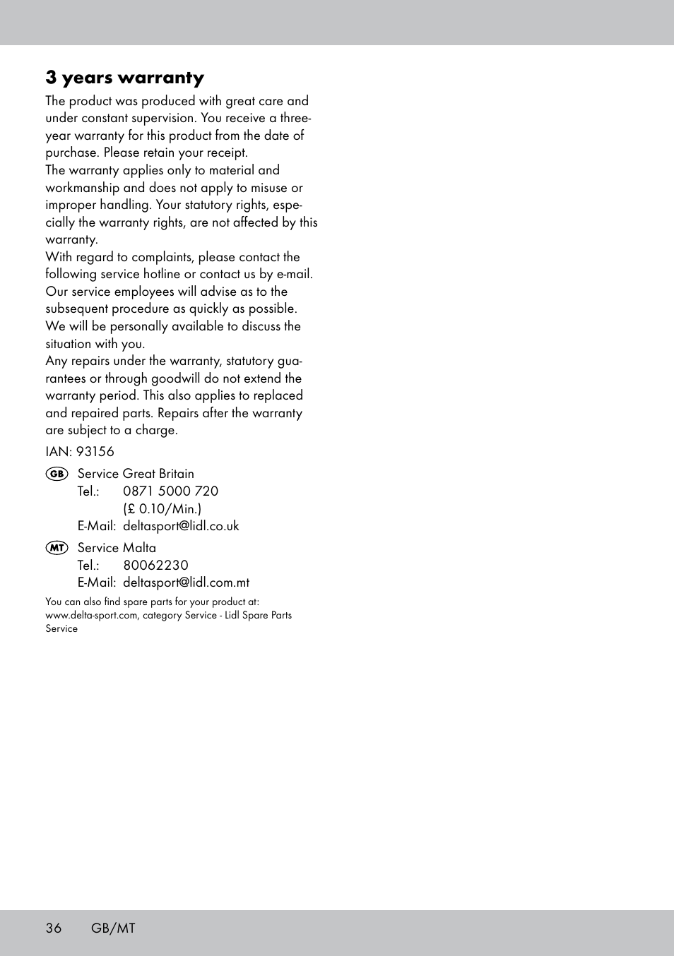 3 years warranty | Crivit FB-1539 User Manual | Page 36 / 48