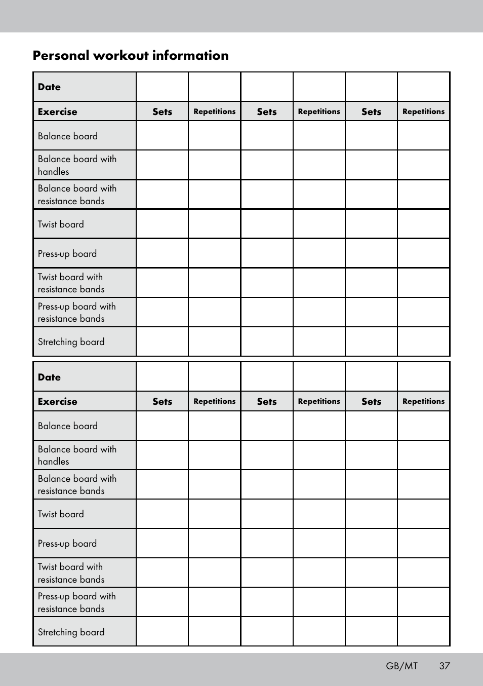 Personal workout information | Crivit FB-1539 User Manual | Page 37 / 48