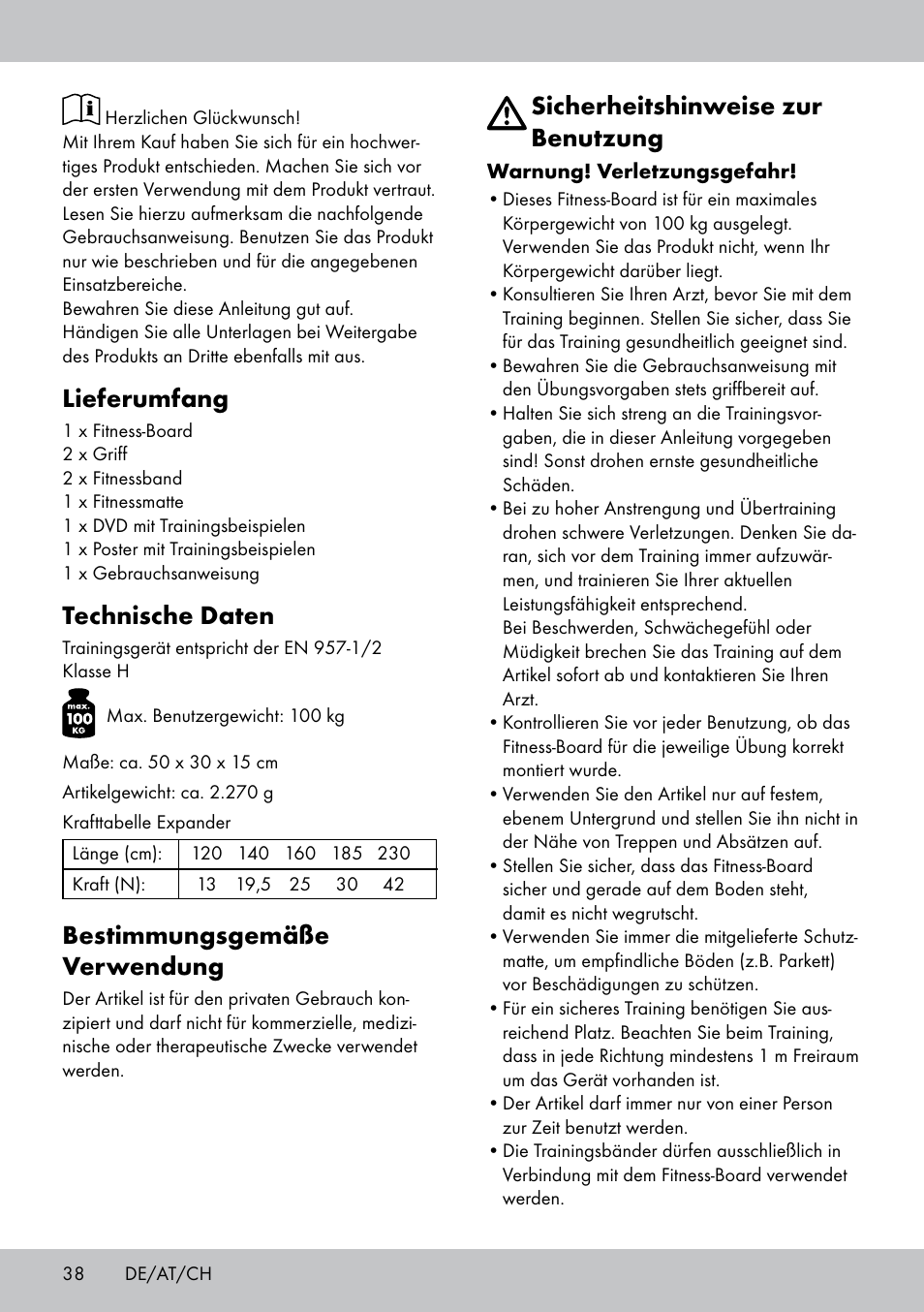 Lieferumfang, Technische daten, Bestimmungsgemäße verwendung | Sicherheitshinweise zur benutzung | Crivit FB-1539 User Manual | Page 38 / 48