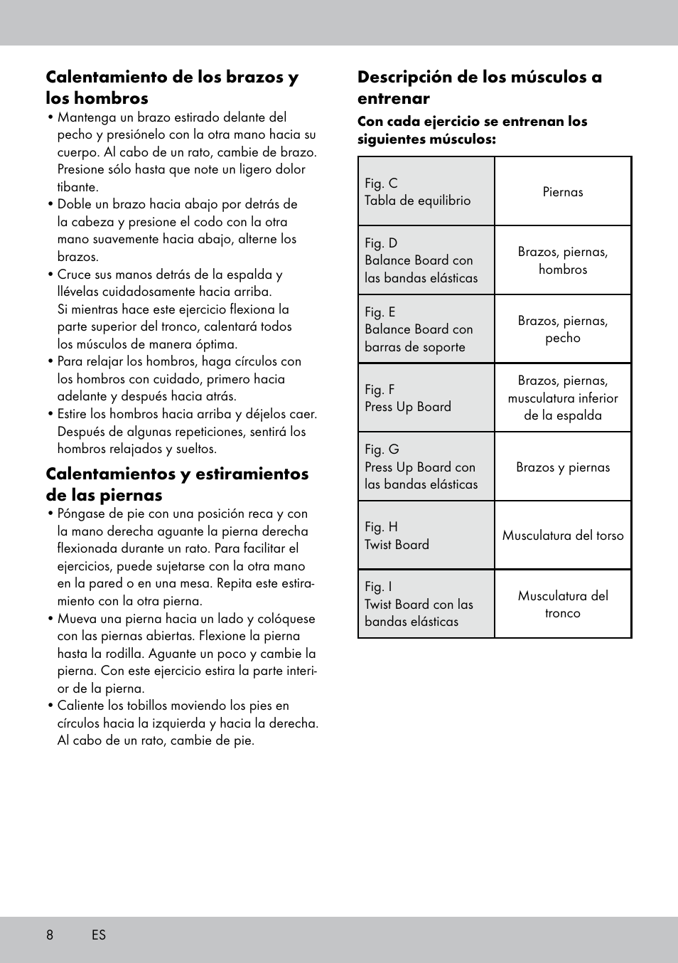 Descripción de los músculos a entrenar, Calentamiento de los brazos y los hombros, Calentamientos y estiramientos de las piernas | Crivit FB-1539 User Manual | Page 8 / 48