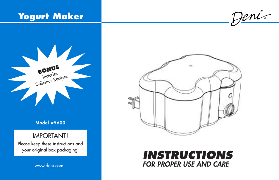 Deni Yogurt Maker 5600 User Manual | 9 pages