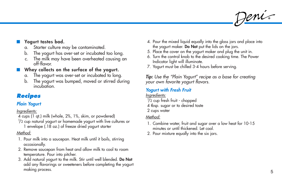 Recipes | Deni Yogurt Maker 5600 User Manual | Page 6 / 9