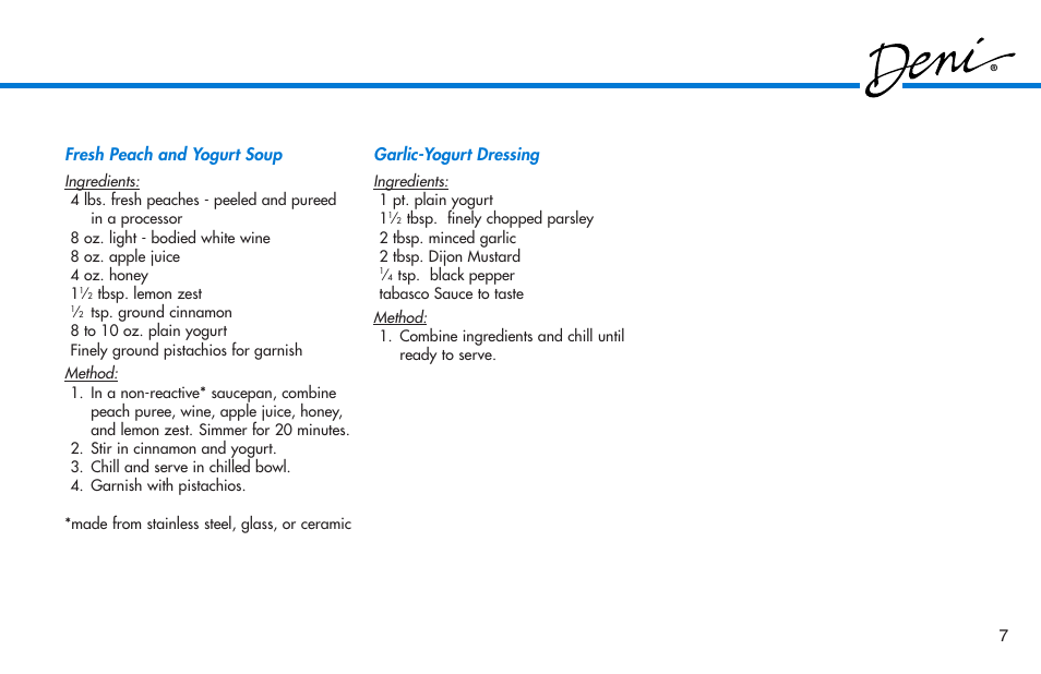 Garlic-yogurt dressing, Fresh peach and yogurt soup | Deni Yogurt Maker 5600 User Manual | Page 8 / 9