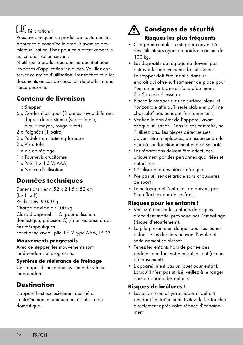 Consignes de sécurité, Contenu de livraison, Données techniques | Destination | Crivit SW-1652 User Manual | Page 12 / 43