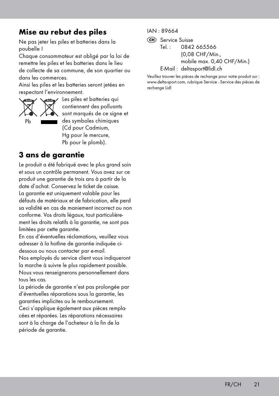 Mise au rebut des piles, 3 ans de garantie | Crivit SW-1652 User Manual | Page 19 / 43