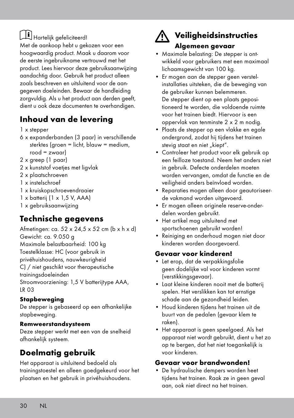 Veiligheidsinstructies, Inhoud van de levering, Technische gegevens | Doelmatig gebruik | Crivit SW-1652 User Manual | Page 28 / 43