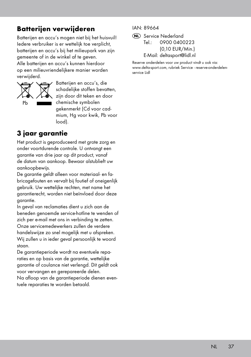 Batterijen verwijderen, 3 jaar garantie | Crivit SW-1652 User Manual | Page 35 / 43