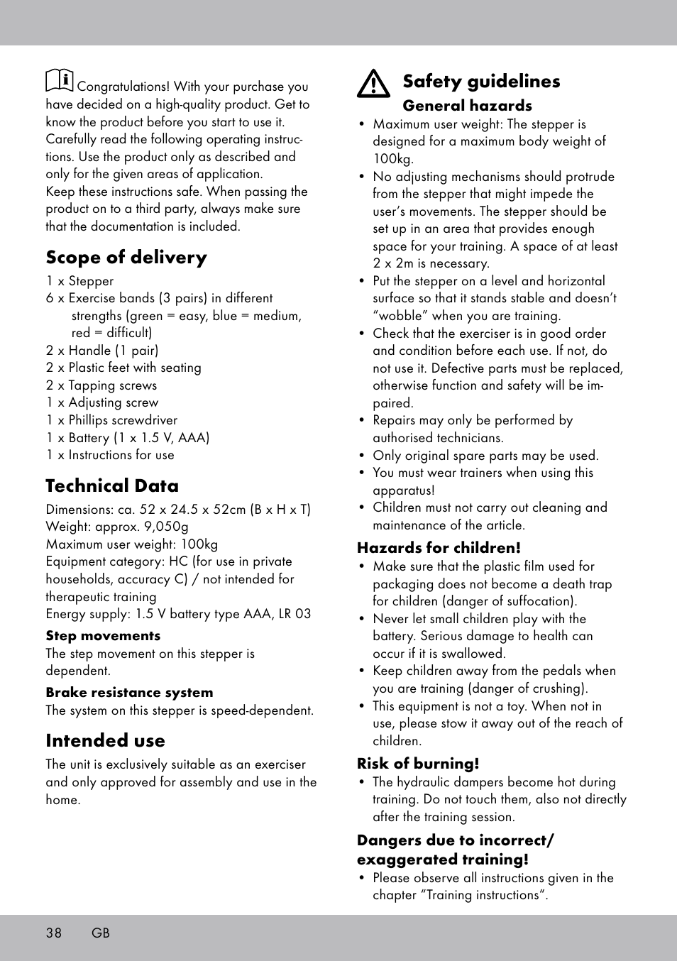 Safety guidelines, Scope of delivery, Technical data | Intended use | Crivit SW-1652 User Manual | Page 36 / 43