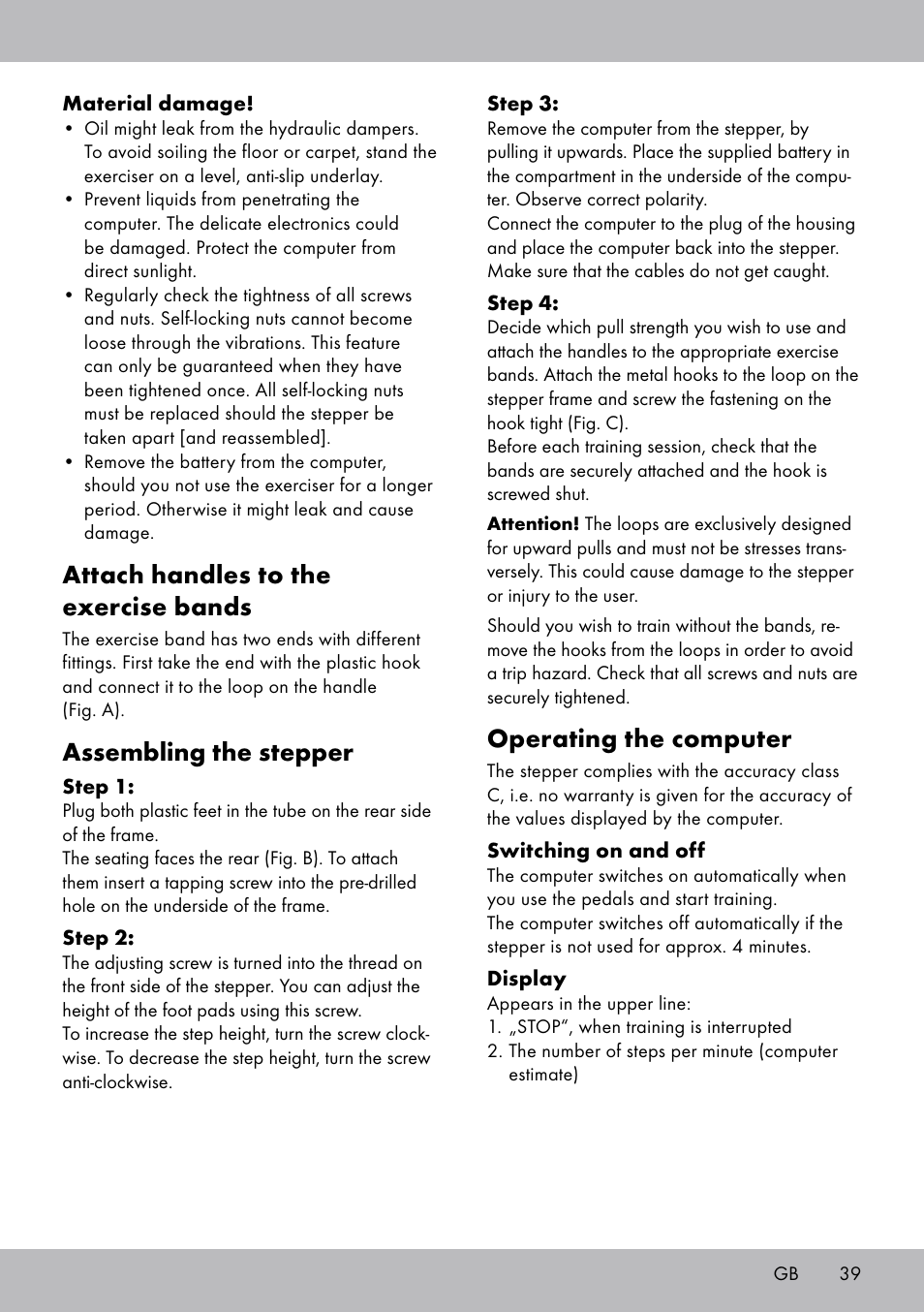 Operating the computer, Attach handles to the exercise bands, Assembling the stepper | Crivit SW-1652 User Manual | Page 37 / 43