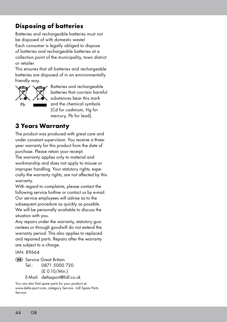Disposing of batteries, 3 years warranty | Crivit SW-1652 User Manual | Page 42 / 43