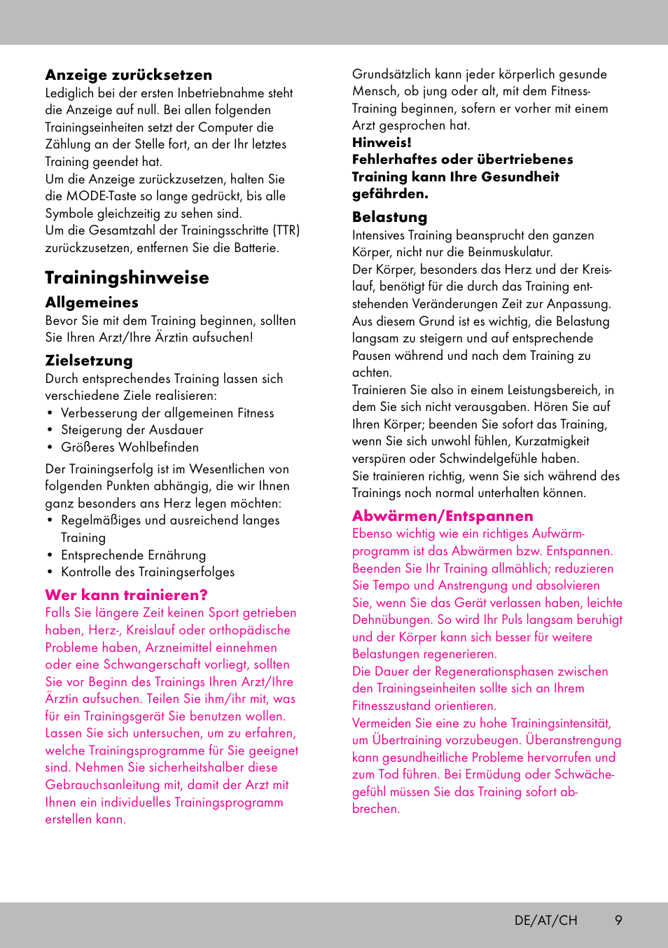 Trainingshinweise | Crivit SW-1652 User Manual | Page 7 / 43