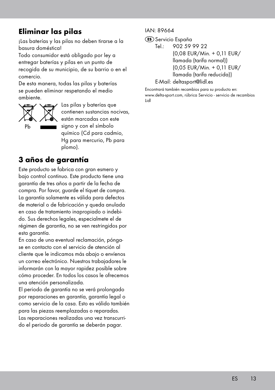 Eliminar las pilas, 3 años de garantía | Crivit SW-1652 User Manual | Page 11 / 43