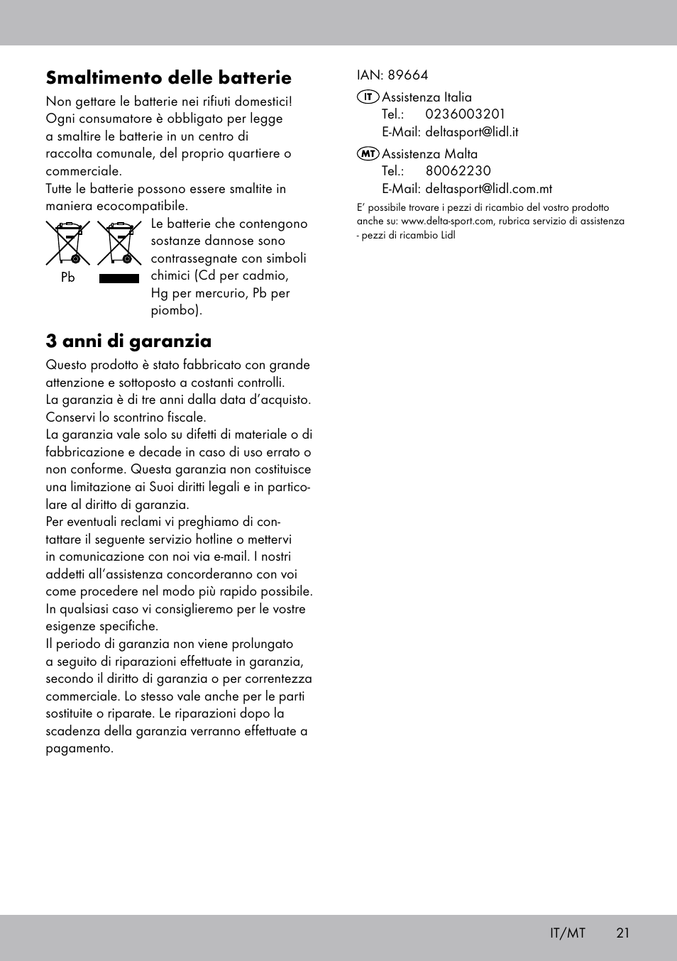 Smaltimento delle batterie, 3 anni di garanzia | Crivit SW-1652 User Manual | Page 19 / 43