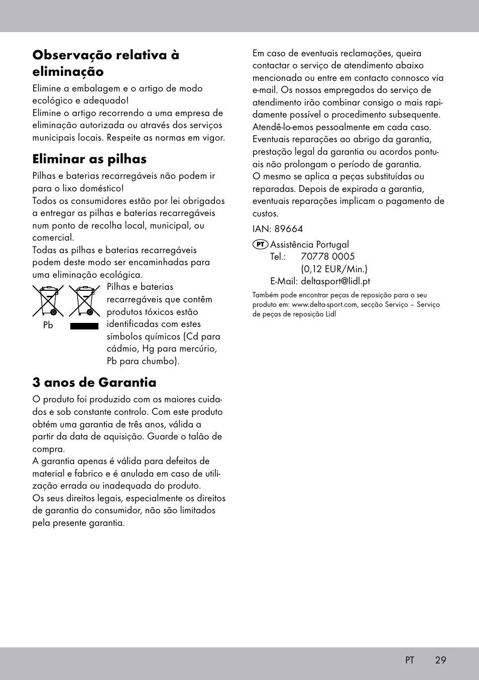 Observação relativa à eliminação, Eliminar as pilhas, 3 anos de garantia | Crivit SW-1652 User Manual | Page 27 / 43