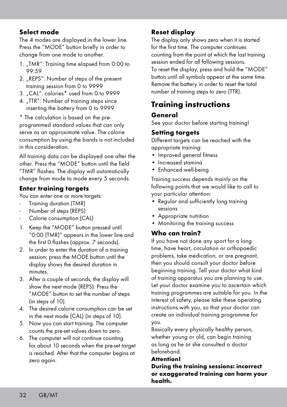 Training instructions | Crivit SW-1652 User Manual | Page 30 / 43