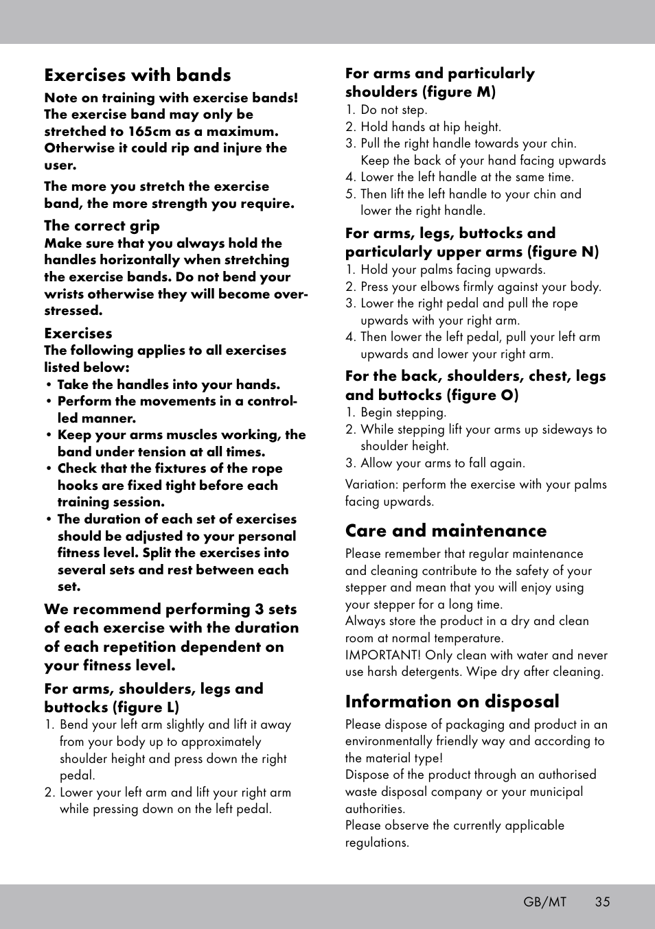 Care and maintenance, Information on disposal, Exercises with bands | Crivit SW-1652 User Manual | Page 33 / 43