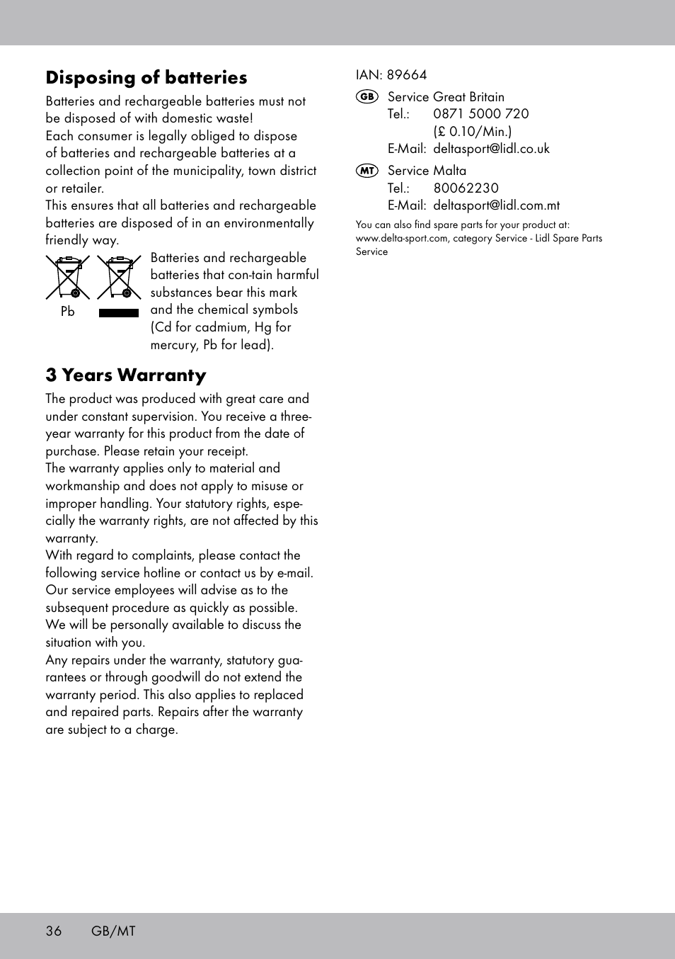 Disposing of batteries, 3 years warranty | Crivit SW-1652 User Manual | Page 34 / 43