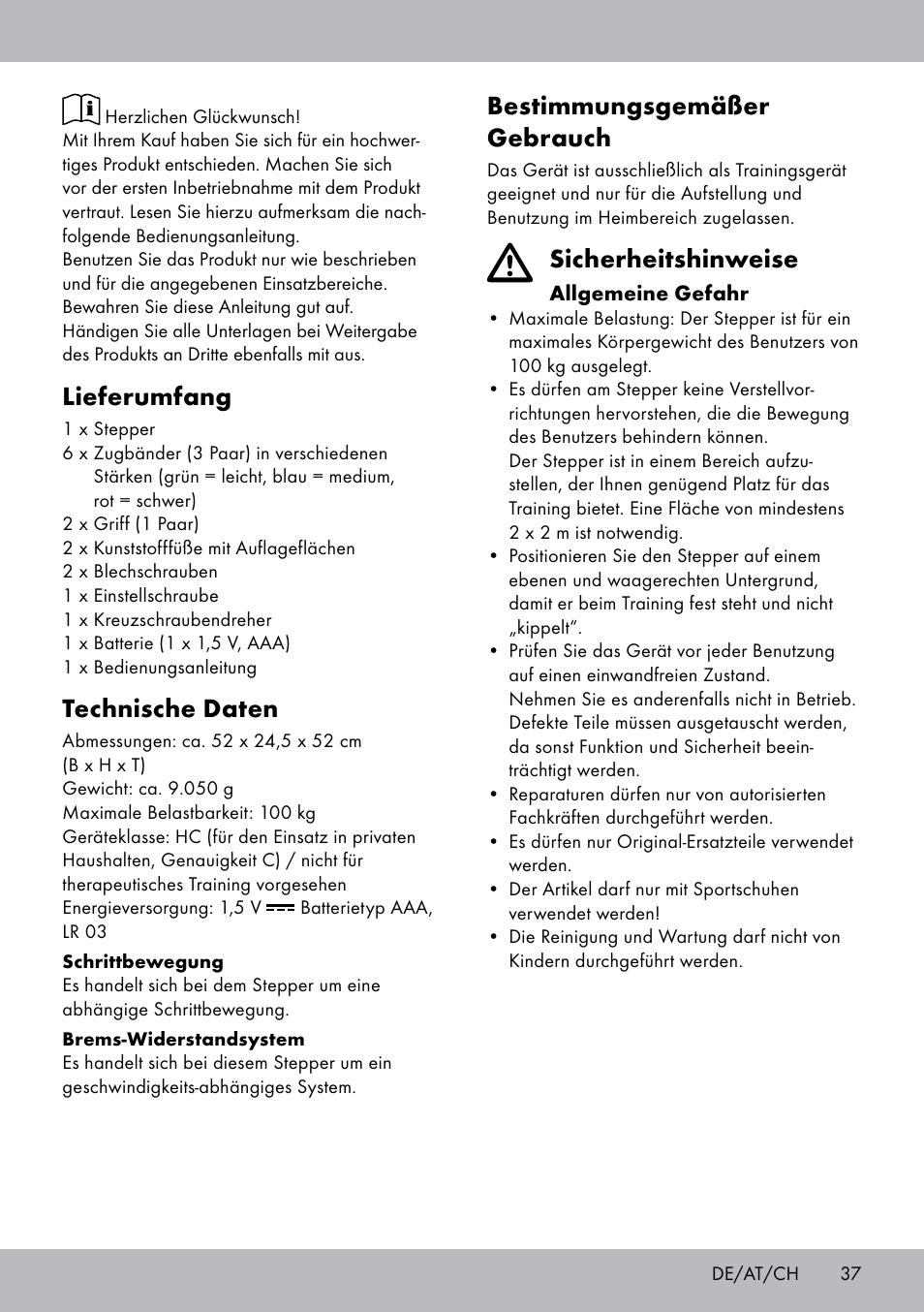 Bestimmungsgemäßer gebrauch, Sicherheitshinweise, Lieferumfang | Technische daten | Crivit SW-1652 User Manual | Page 35 / 43