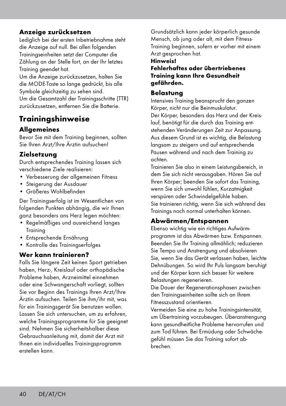 Trainingshinweise | Crivit SW-1652 User Manual | Page 38 / 43