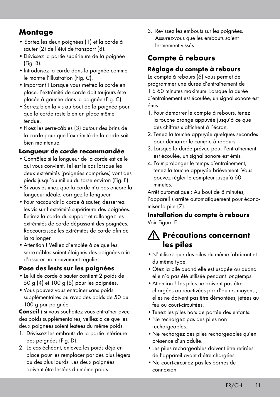 Montage, Compte à rebours, Précautions concernant les piles | Crivit SP-1681 User Manual | Page 11 / 28