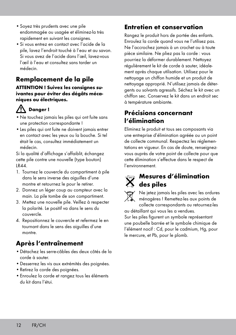 Remplacement de la pile, Après l‘entraînement, Entretien et conservation | Précisions concernant l‘élimination, Mesures d’élimination des piles | Crivit SP-1681 User Manual | Page 12 / 28