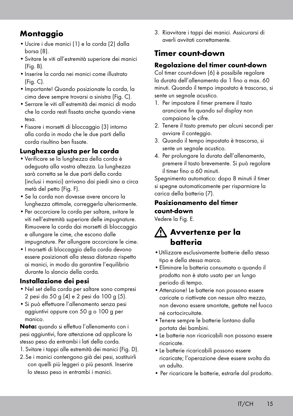 Montaggio, Timer count-down, Avvertenze per la batteria | Crivit SP-1681 User Manual | Page 15 / 28