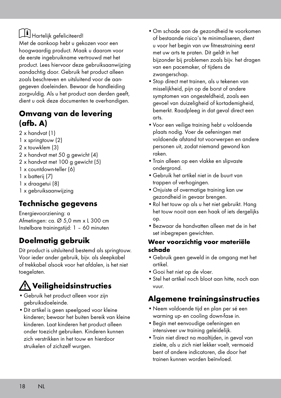 Omvang van de levering (afb. a), Technische gegevens, Doelmatig gebruik | Veiligheidsinstructies, Algemene trainingsinstructies | Crivit SP-1681 User Manual | Page 18 / 28