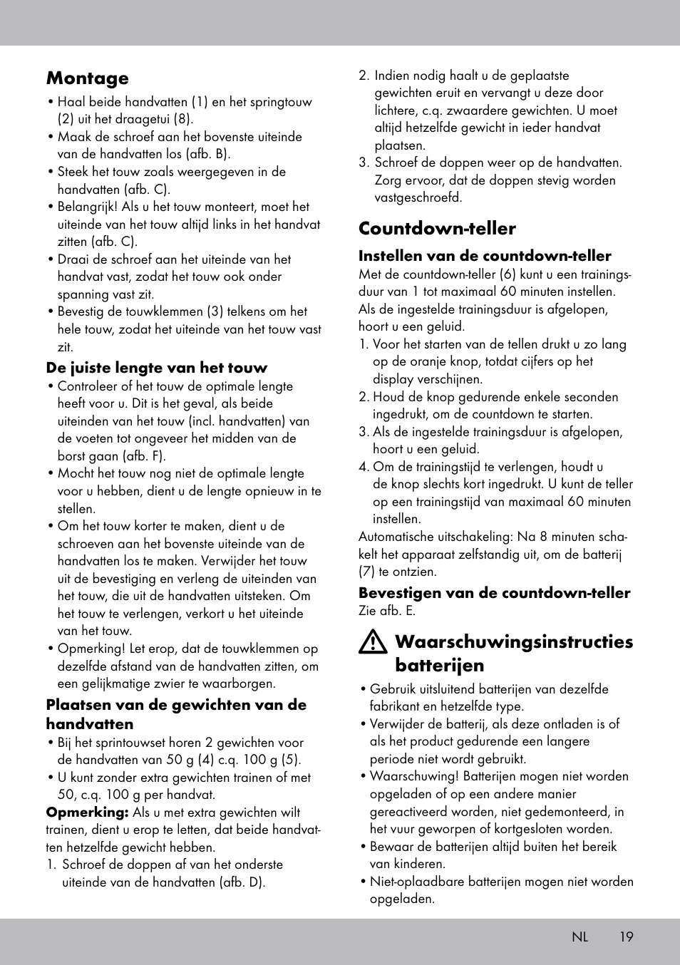 Montage, Countdown-teller, Waarschuwingsinstructies batterijen | Crivit SP-1681 User Manual | Page 19 / 28