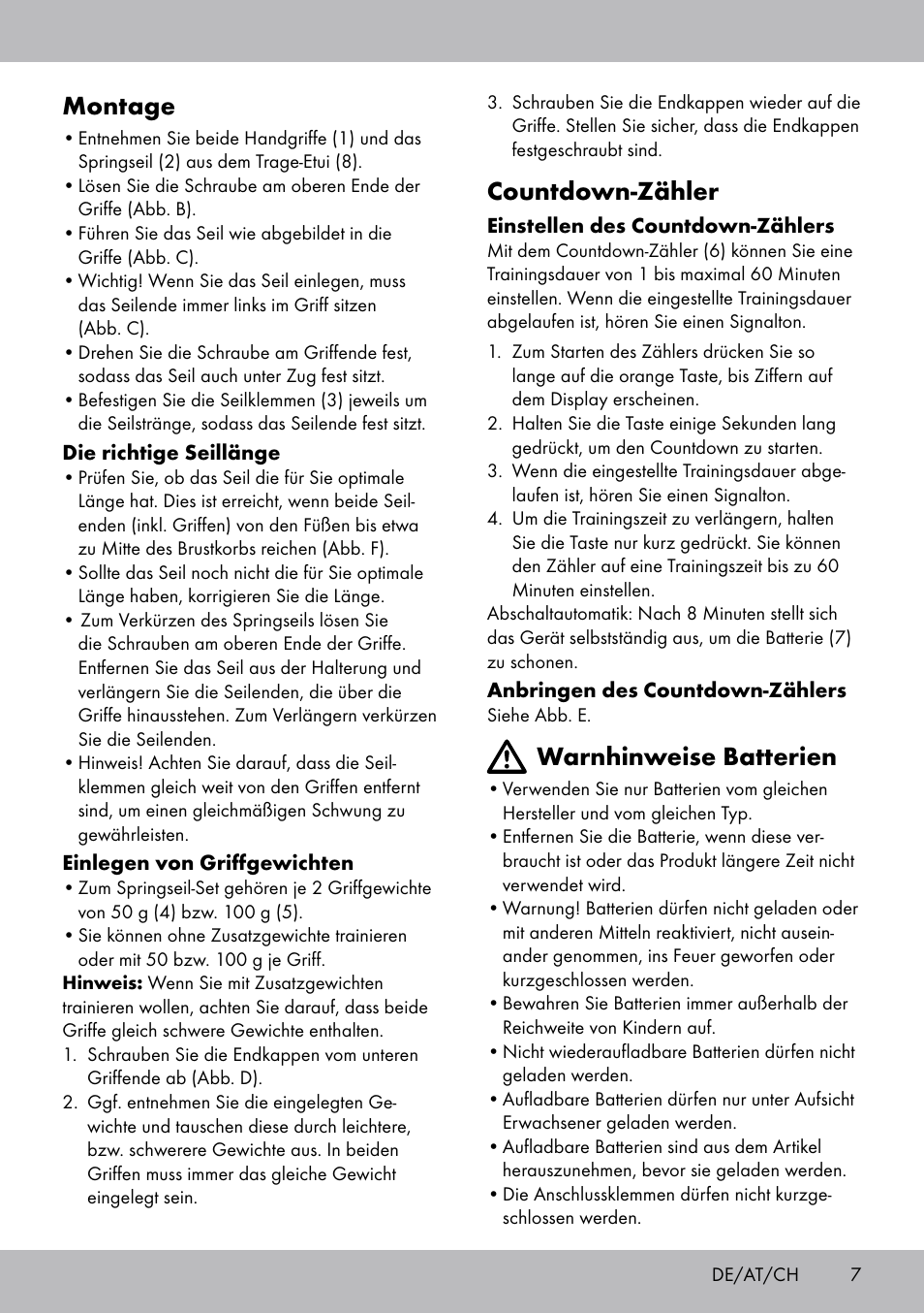Montage, Countdown-zähler, Warnhinweise batterien | Crivit SP-1681 User Manual | Page 7 / 28