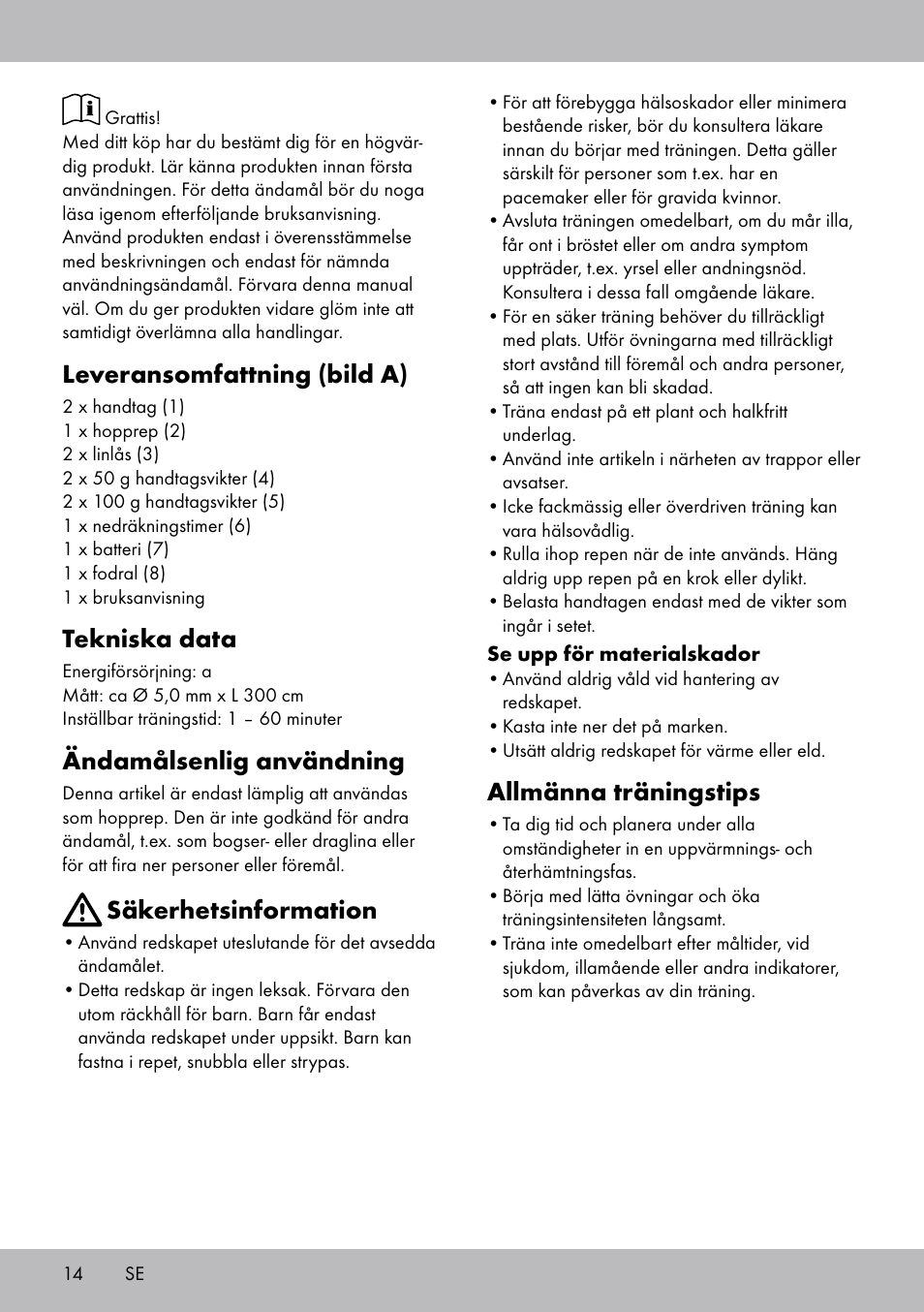Leveransomfattning (bild a), Tekniska data, Ändamålsenlig användning | Säkerhetsinformation, Allmänna träningstips | Crivit SP-1681 User Manual | Page 14 / 36