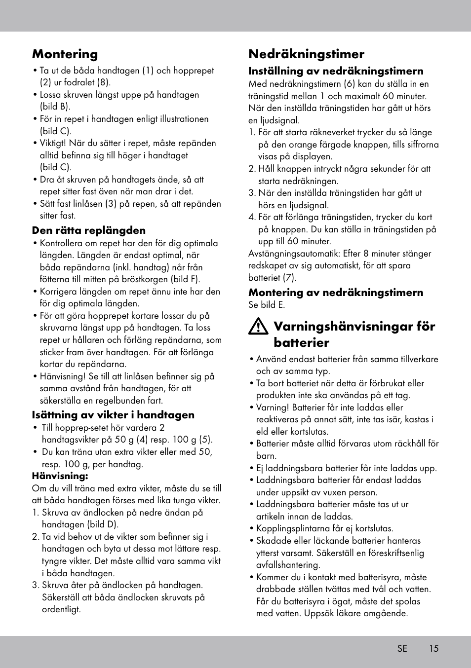 Montering, Nedräkningstimer, Varningshänvisningar för batterier | Crivit SP-1681 User Manual | Page 15 / 36