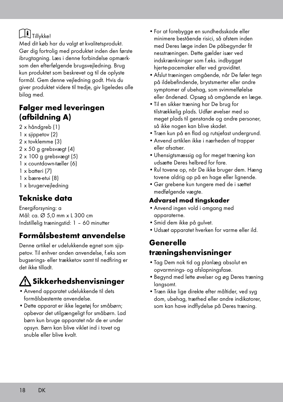 Følger med leveringen (afbildning a), Tekniske data, Formålsbestemt anvendelse | Sikkerhedshenvisninger, Generelle træningshenvisninger | Crivit SP-1681 User Manual | Page 18 / 36