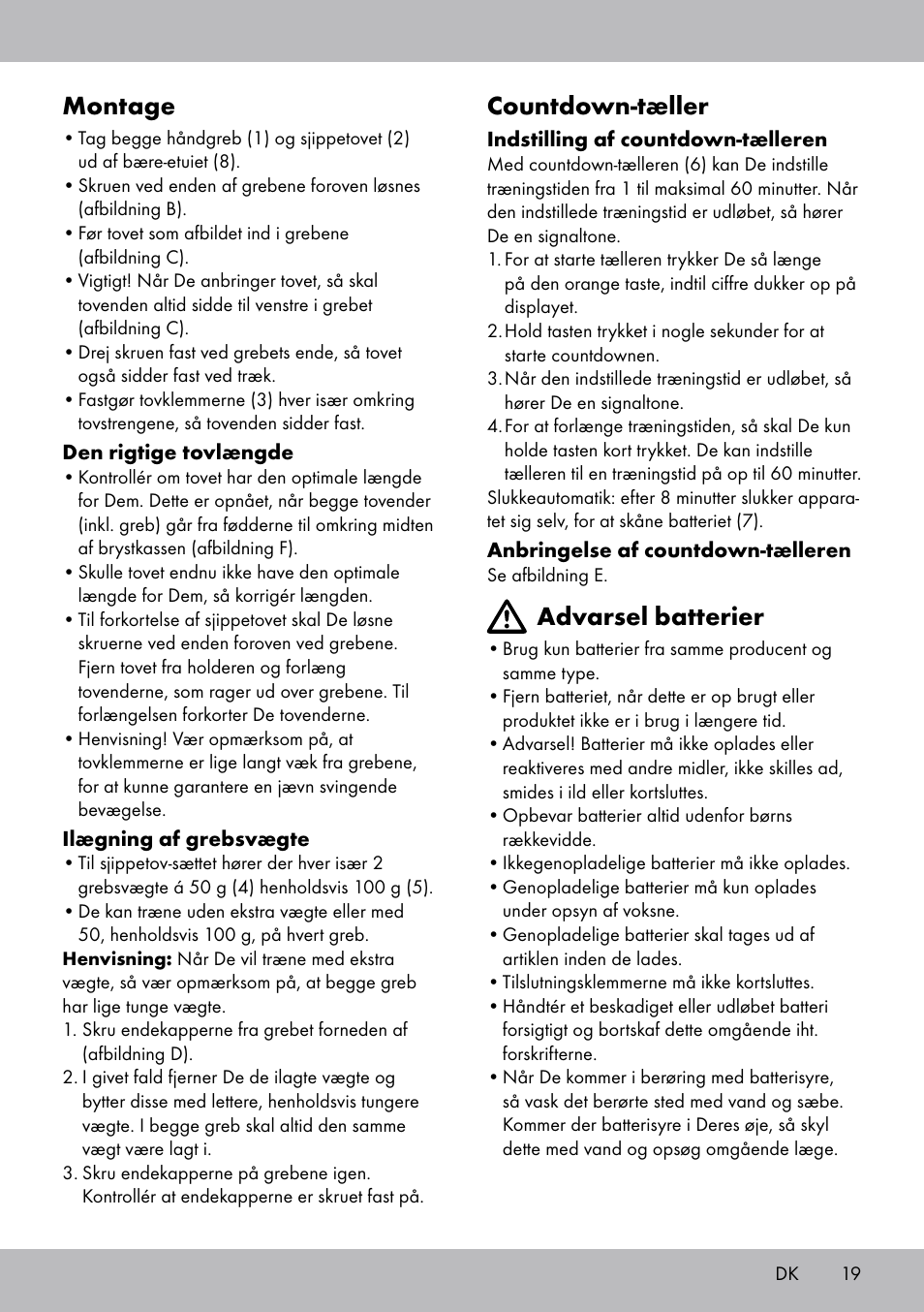 Montage, Countdown-tæller, Advarsel batterier | Crivit SP-1681 User Manual | Page 19 / 36