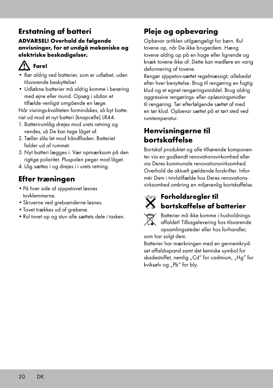 Pleje og opbevaring, Henvisningerne til bortskaffelse, Erstatning af batteri | Efter træningen | Crivit SP-1681 User Manual | Page 20 / 36