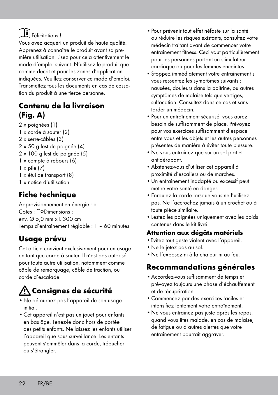 Contenu de la livraison (fig. a), Fiche technique, Usage prévu | Consignes de sécurité, Recommandations générales | Crivit SP-1681 User Manual | Page 22 / 36