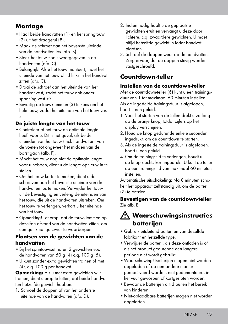 Montage, Countdown-teller, Waarschuwingsinstructies batterijen | Crivit SP-1681 User Manual | Page 27 / 36