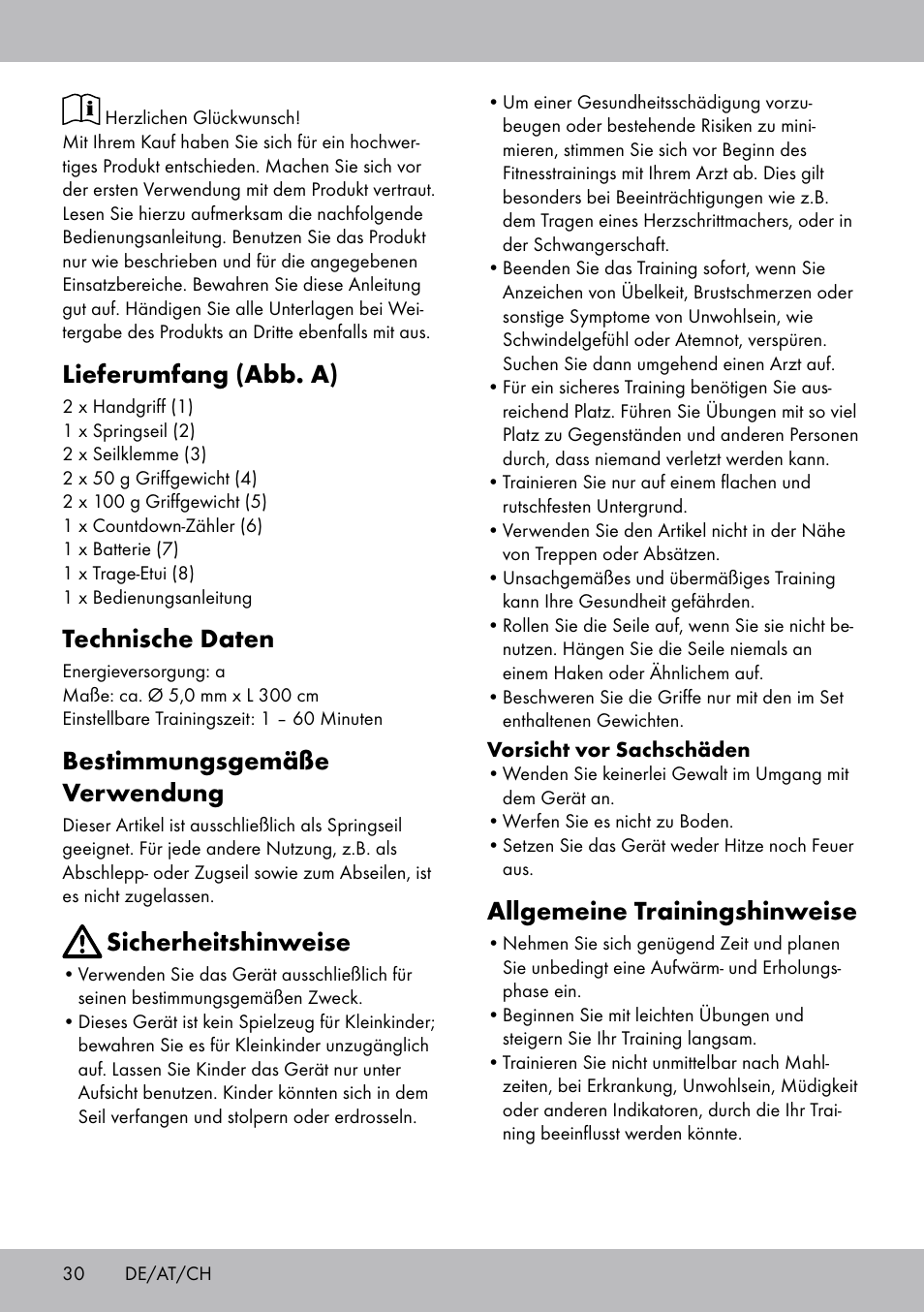 Lieferumfang (abb. a), Technische daten, Bestimmungsgemäße verwendung | Sicherheitshinweise, Allgemeine trainingshinweise | Crivit SP-1681 User Manual | Page 30 / 36