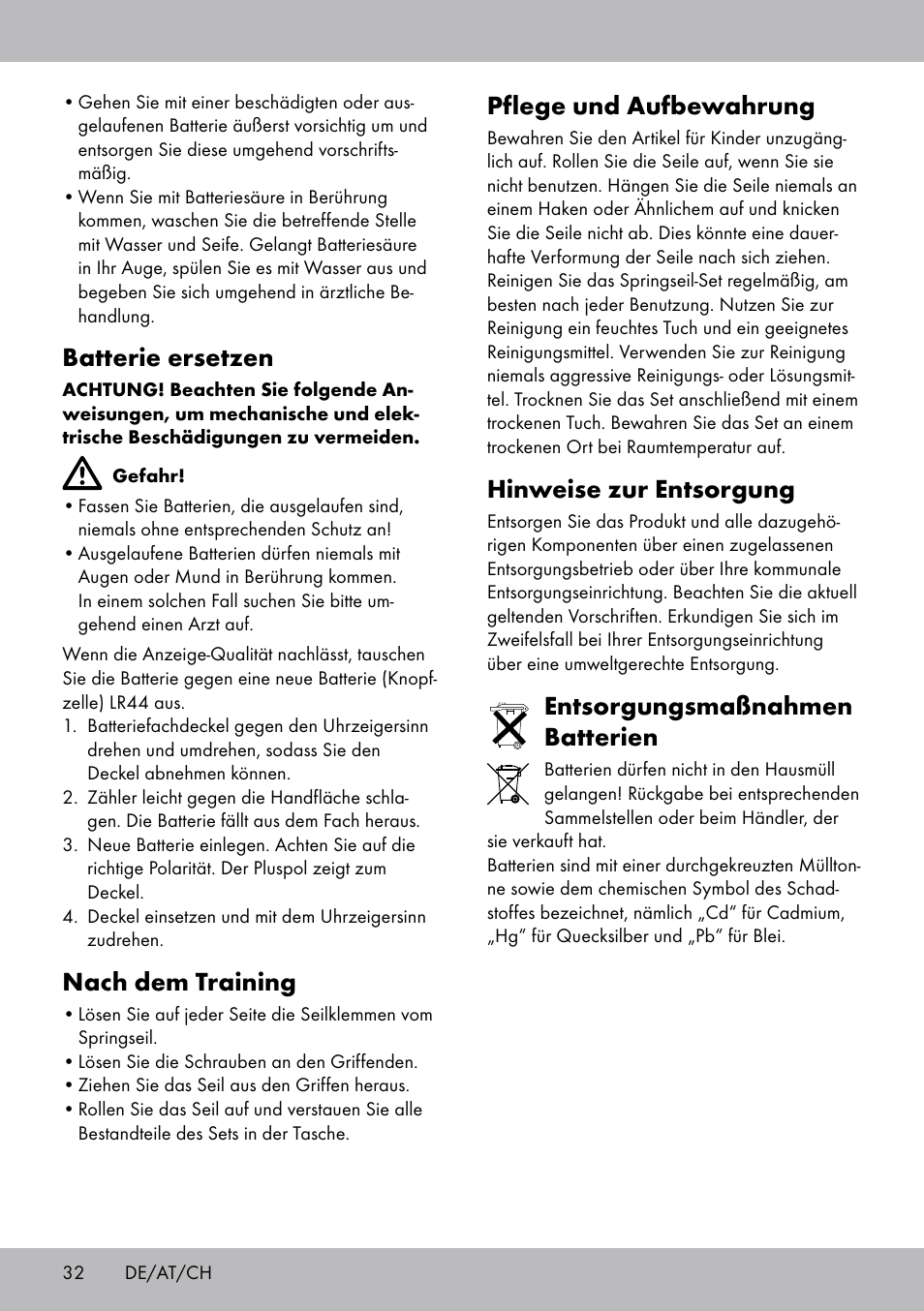 Pflege und aufbewahrung, Hinweise zur entsorgung, Entsorgungsmaßnahmen batterien | Batterie ersetzen, Nach dem training | Crivit SP-1681 User Manual | Page 32 / 36