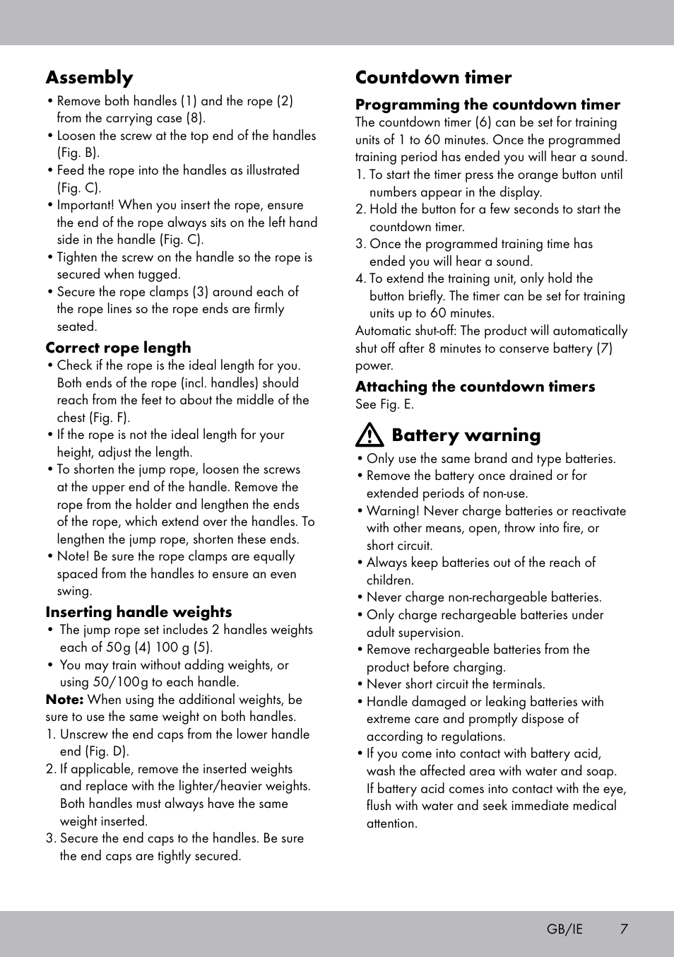 Assembly, Countdown timer, Battery warning | Crivit SP-1681 User Manual | Page 7 / 36