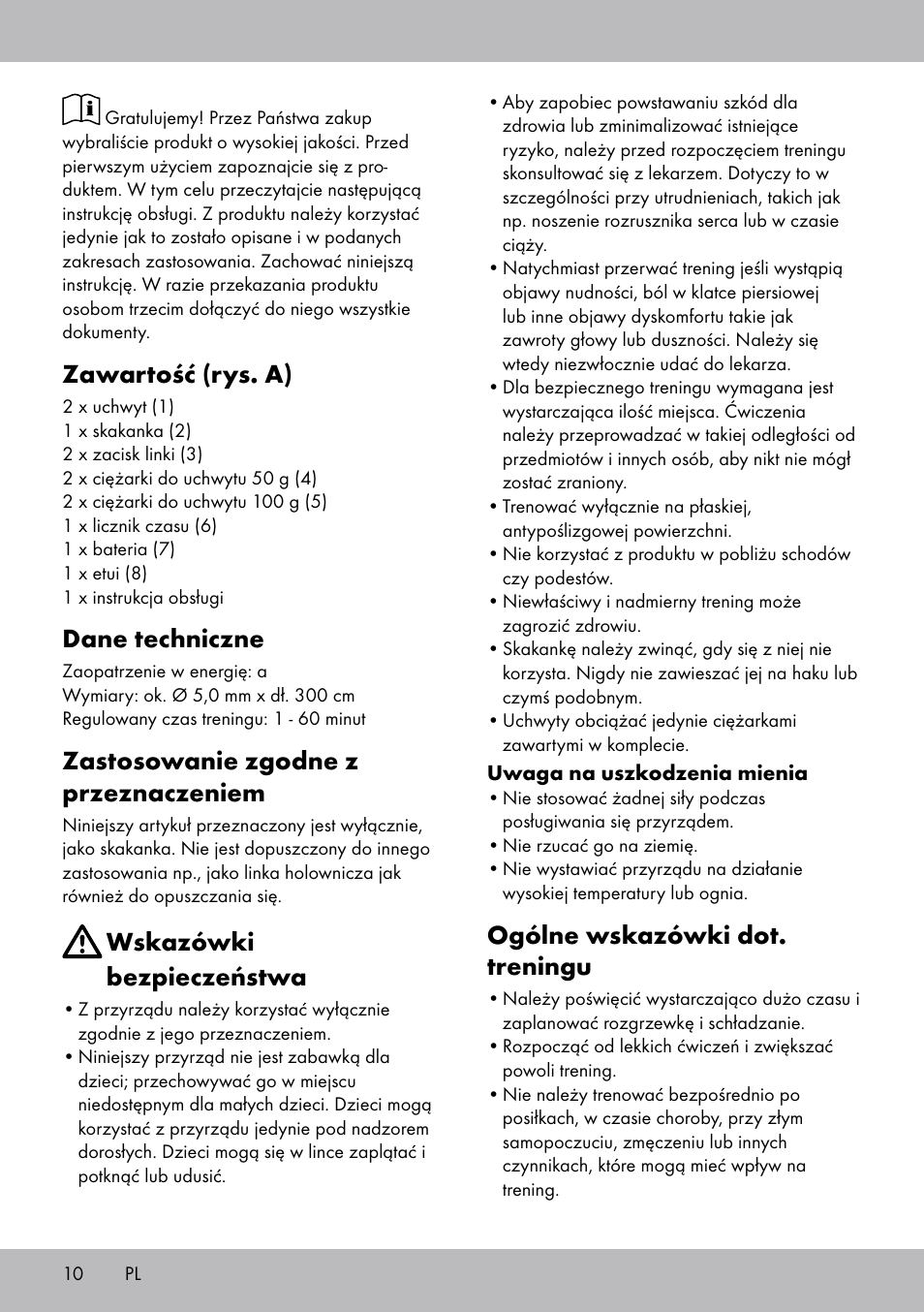 Zawartość (rys. a), Dane techniczne, Zastosowanie zgodne z przeznaczeniem | Wskazówki bezpieczeństwa, Ogólne wskazówki dot. treningu | Crivit SP-1681 User Manual | Page 10 / 36